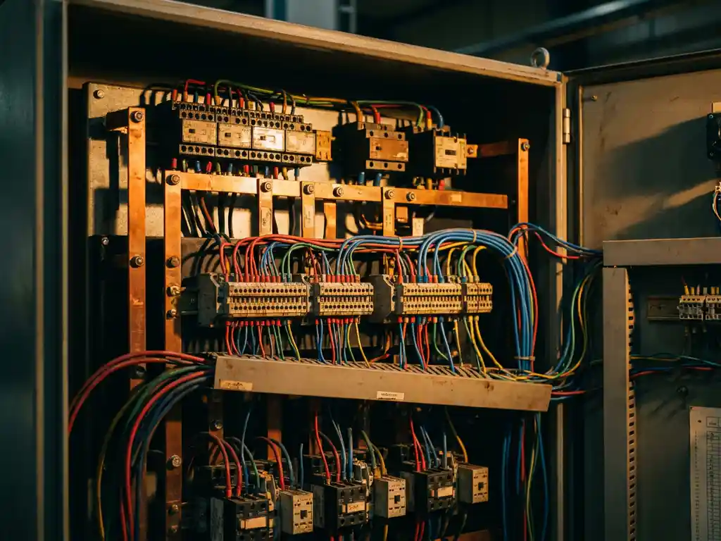 Industrielles Schaltschrank-Innenleben mit Kupferschienen, modularen Relaisklemmen und farbcodierten Steuerkabeln in einer Fabrik.