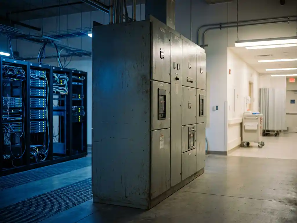 Industrieller Hochleistungs-Schaltschrank zwischen blinkenden Serverracks und sterile Krankenhausflur in realistischer Umgebung.