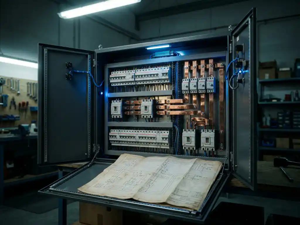 Elektrischer Schaltschrank für Rechenzentrum mit Leistungsschaltern, Kupferschienen und technischem Schaltplan, industrielle Beleuchtung.