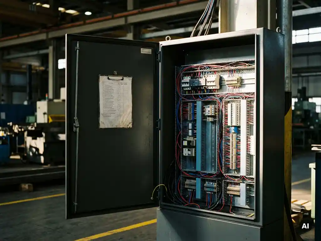 Geöffneter Industrieschaltschrank mit strukturierter Verdrahtung, Leistungsschaltern und laminierter Prüfliste in einer Produktionshalle.