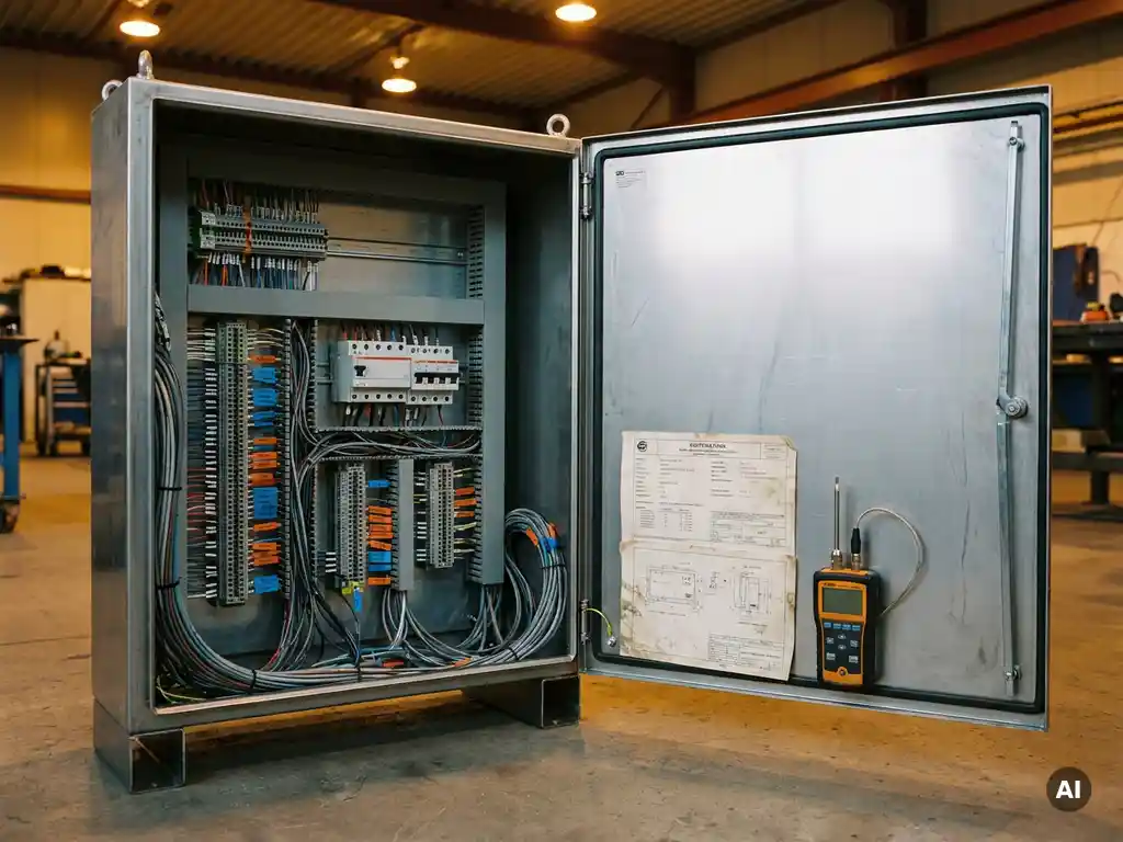 Geöffneter Industrieschaltschrank mit Klemmleisten, Schutzschaltern und Kabelbündeln, zwei Zertifizierungsdokumente und Kalibrierwerkzeug auf der Stahltür.