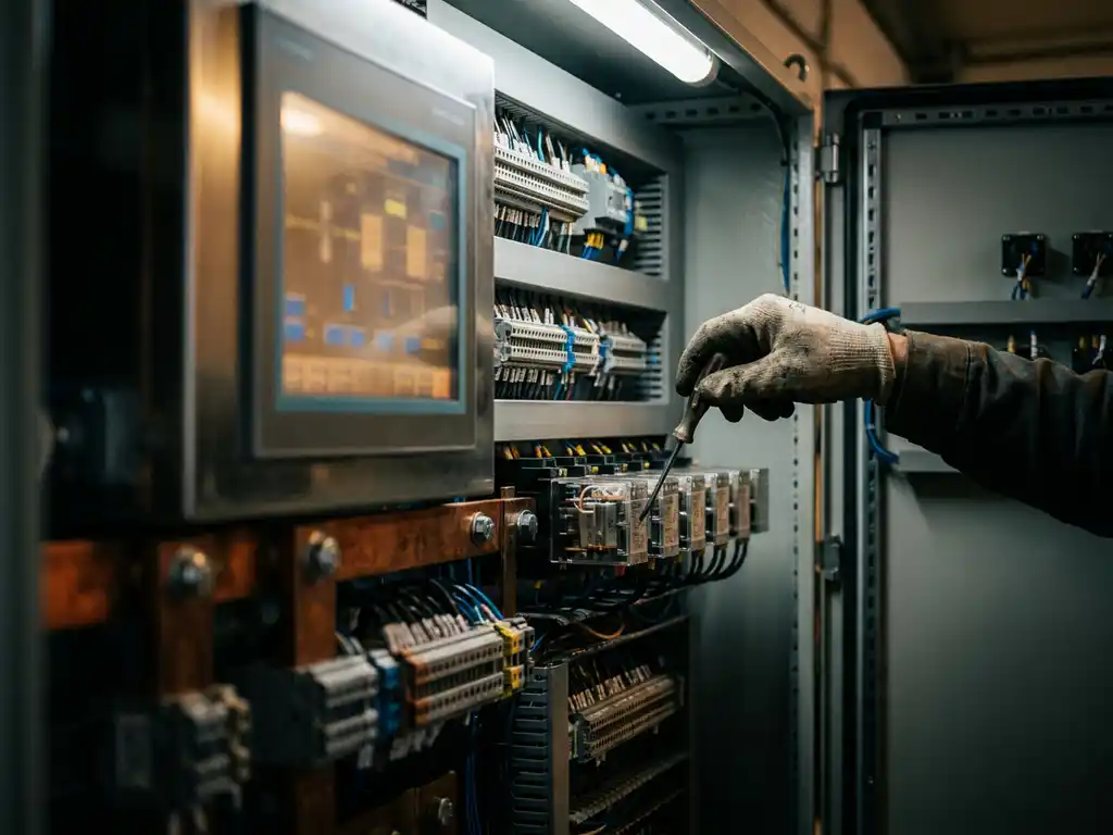 Techniker justiert Relaissteuerungen in geöffnetem Schaltschrank mit Kupferschienen, Klemmenblöcken und SCADA-Bildschirmreflexion.