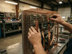 Techniker installiert metallische Abschirmung um Schaltschrank mit Kupferkabeln und Erdungsbändern in Industriewerkstatt