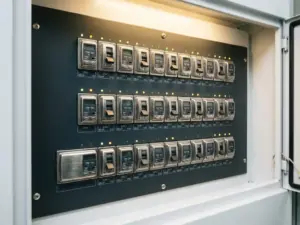 Elektrische Schutzrelais mit Chromschaltern in präzisen Reihen in industriellem Schaltschrank mit LED-Statusanzeigen