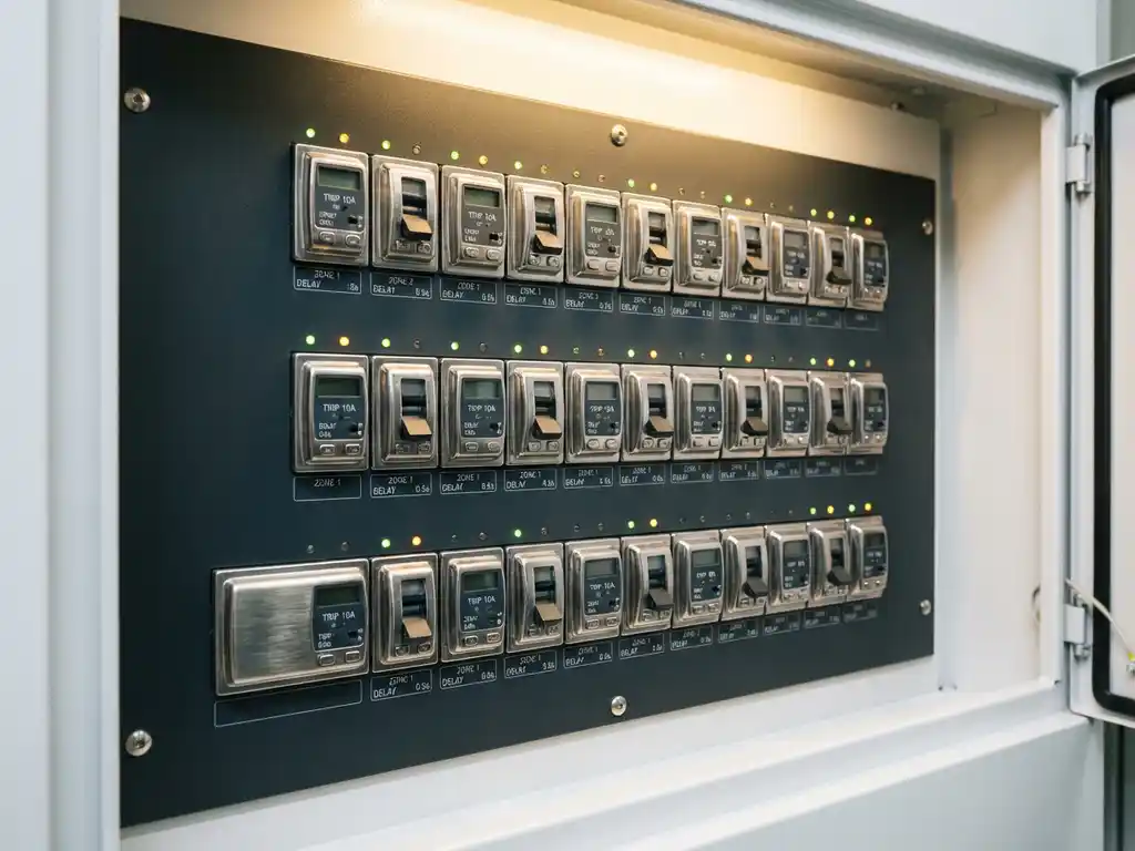 Elektrische Schutzrelais mit Chromschaltern in präzisen Reihen in industriellem Schaltschrank mit LED-Statusanzeigen