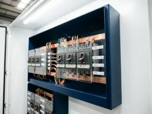Elektrische Schalttafel mit Leistungsschaltern in Schutzzonen, Kupferschienen und Beschriftungen in industriellem Schaltschrank