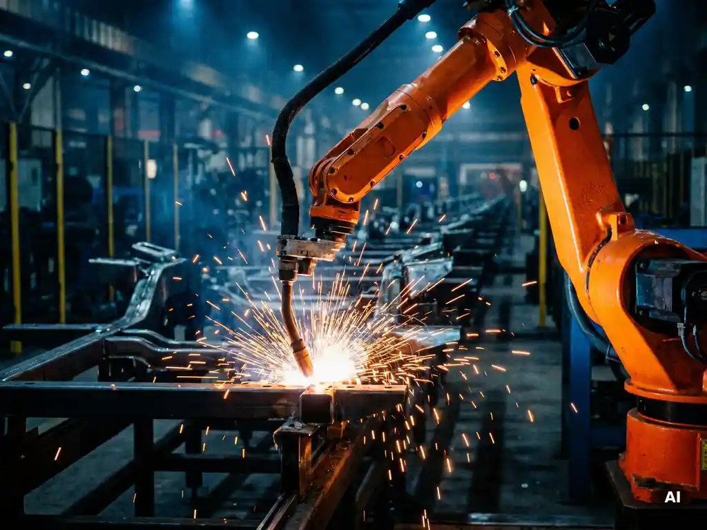 Industrieroboterarm beim Schweißen auf Stahlmontagelinie, orangefarbene Funken sprühen vor dunklem metallischen Hintergrund.