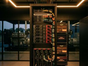 Moderner Server-Rack im Rechenzentrum mit Backup-Stromversorgung, redundanten Netzwerkkabeln und Notstromgeneratoren