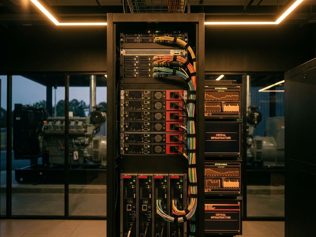 Moderner Server-Rack im Rechenzentrum mit Backup-Stromversorgung, redundanten Netzwerkkabeln und Notstromgeneratoren
