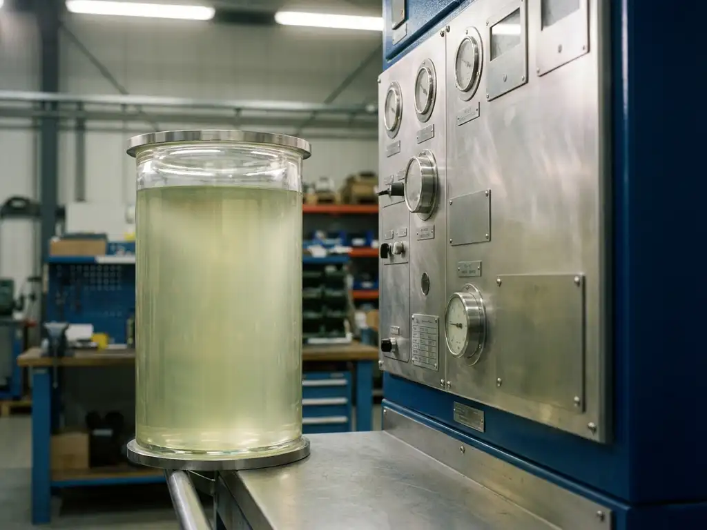 Transparenter Glaszylinder mit gelblichem SF6-Gas unter Druck neben Hochspannungsschaltanlage auf Industriearbeitsplatz