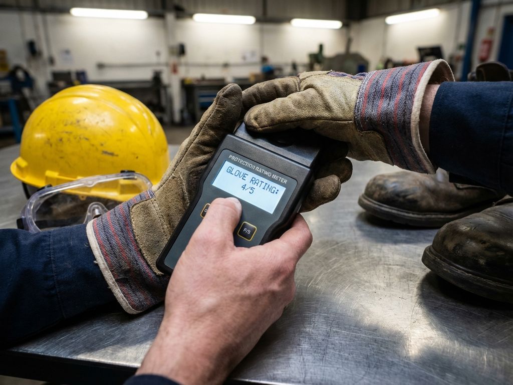 Sicherheitsprüfer hält digitales Schutzklassen-Messgerät bei Untersuchung von Industriehandschuh, Schutzausrüstung auf Werkbank