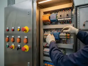 Elektrotechniker justiert Sicherheitsrelais und Schutzschalter in geöffnetem Industrieschaltschrank mit Not-Aus-Tastern