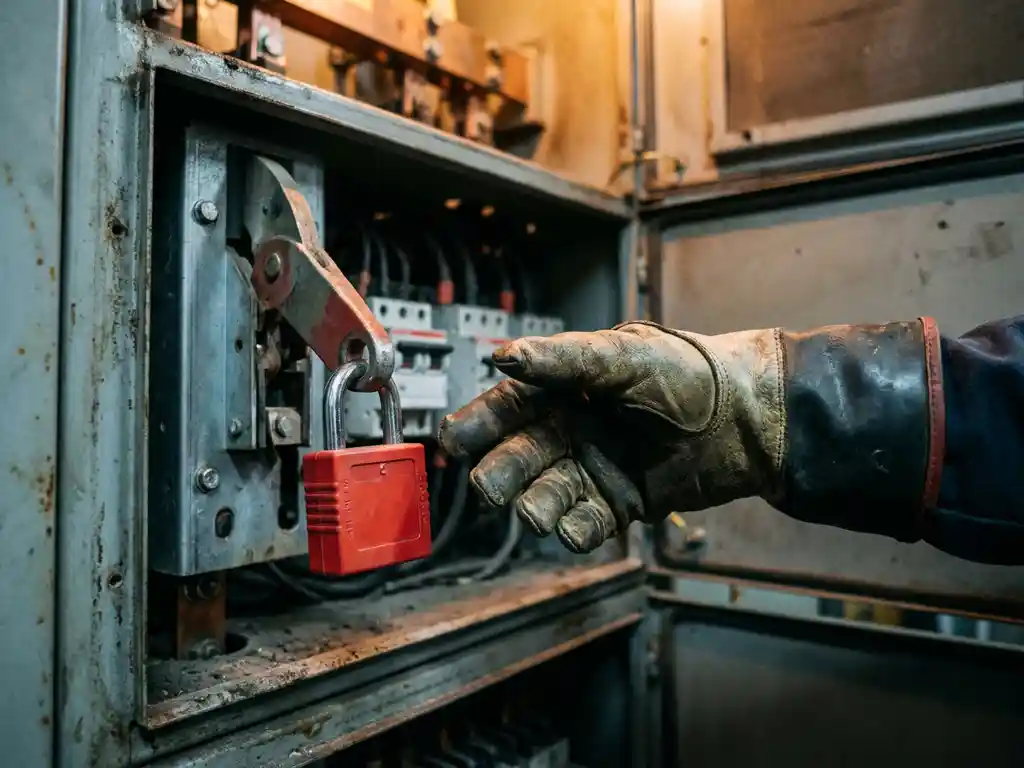 Elektriker mit Schutzhandschuh greift in geöffneten Schaltschrank, roter Lockout-Vorhängeschloss am Trennschalter gesichert.