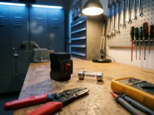 Moderner Leitungsschutzschalter und traditionelle Glassicherung nebeneinander auf Elektroarbeitsplatz mit Werkzeugen