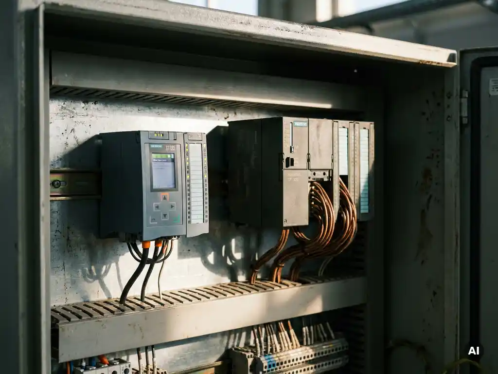 Kompaktes Siemens S7-1500 PLC-Modul neben älterem S7-300 auf DIN-Schiene in geöffnetem Schaltschrank mit Kupferverdrahtung.