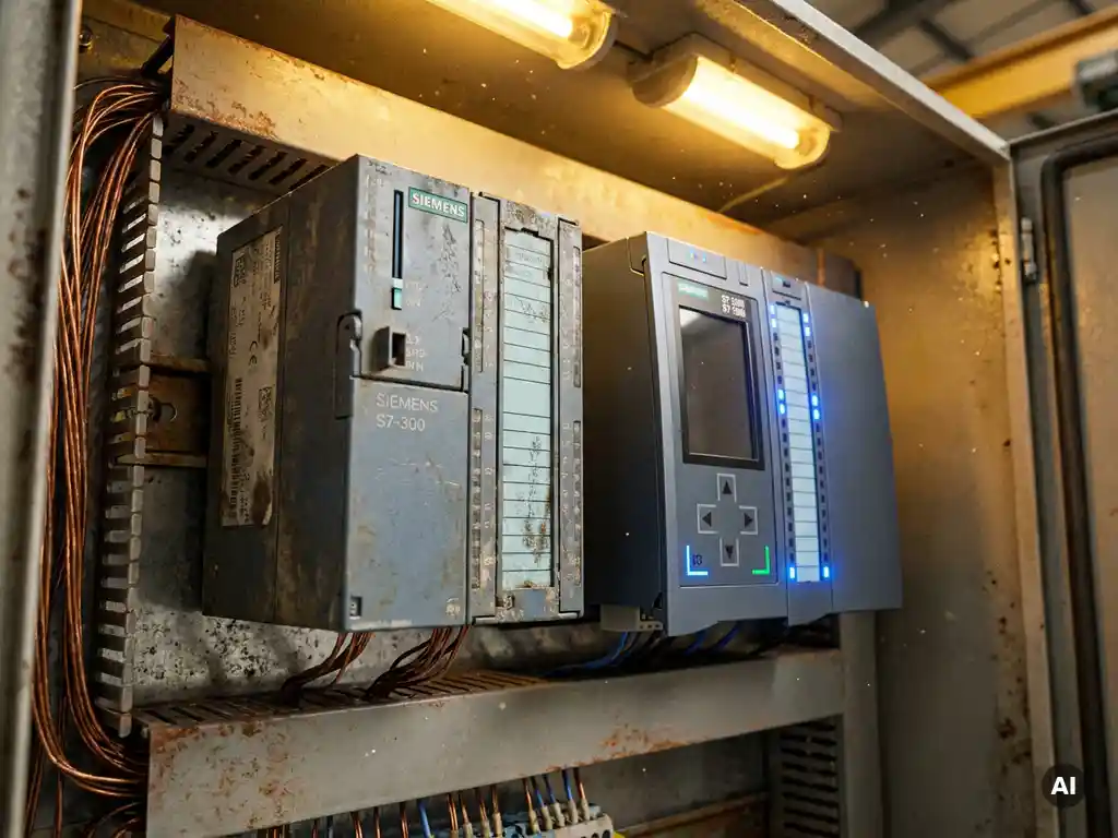 Veraltetes Siemens S7-300-Modul neben modernem S7-1500-Controller in geöffnetem Schaltschrank mit Kupferverdrahtung und DIN-Schienen.