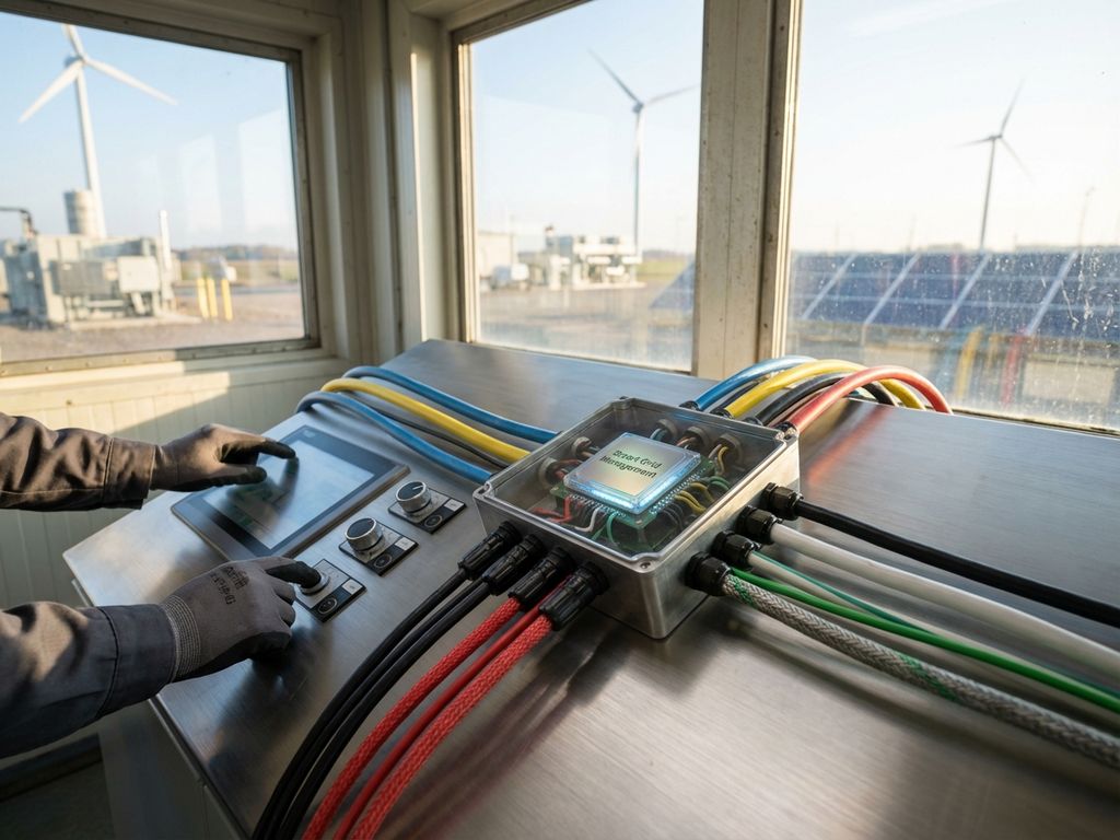 Ingenieur justiert Smart-Grid-Steuerung an moderner Verteilertafel mit Solar- und Windenergie-Anschlüssen