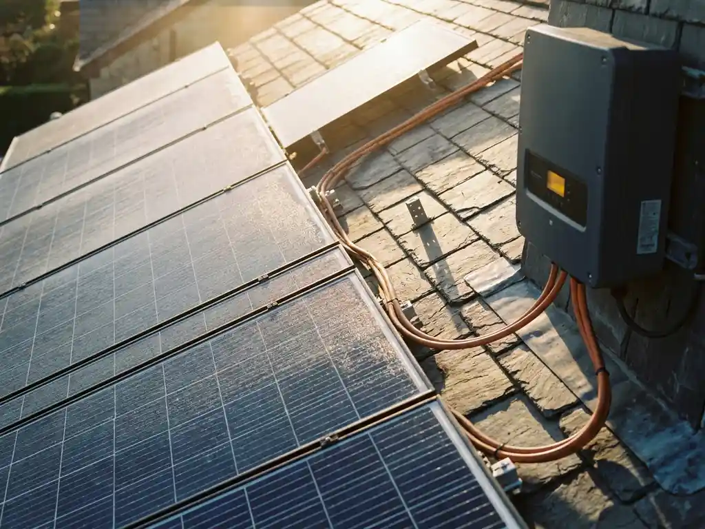 Photovoltaikanlage auf einem Dach mit dunkelblauen Solarpanelen, Kupferkabeln und Wechselrichter im warmen Abendlicht.