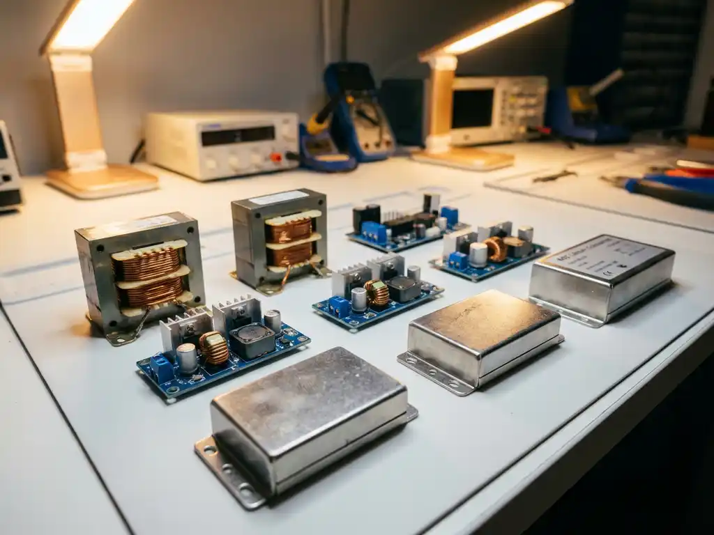 Verschiedene Spannungswandler-Module mit Kupferspulen und elektronischen Bauteilen auf weißer Laborwerkbank angeordnet