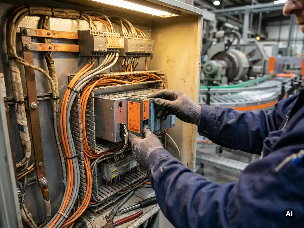 Techniker schließt neues PLC-Steuerungsmodul in aktiven Industrieschaltschrank an, legacy-Verkabelung und moderne Komponenten nebeneinander.