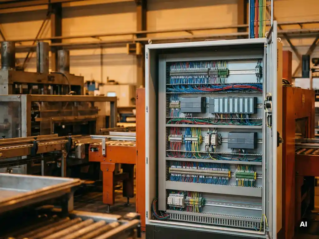Industrieller Schaltschrank mit farbcodierten Kabeln und SPS-Modulen in einer Fabrikhalle mit Maschinen im Hintergrund.