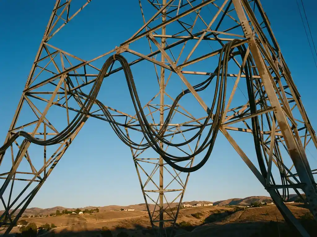 Elektrischer Hochspannungsmast mit hängenden Stromleitungen gegen blauen Himmel, Stahlgitterkonstruktion in Hügellandschaft