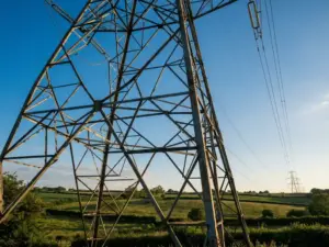 Hochspannungs-Gittermast aus Stahl ragt gegen blauen Himmel auf, Stromleitungen erstrecken sich über grüne Landschaft
