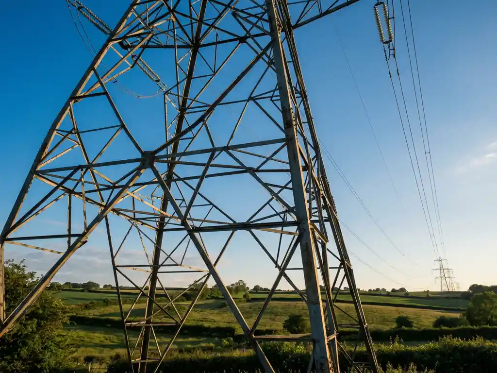 Hochspannungs-Gittermast aus Stahl ragt gegen blauen Himmel auf, Stromleitungen erstrecken sich über grüne Landschaft