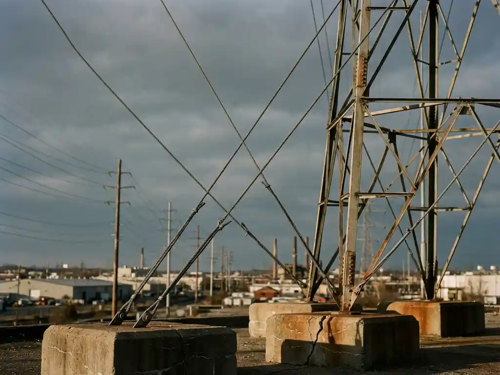 Hoher Stahl-Übertragungsmast mit Abspannseilen und Betonblöcken vor bewölktem Himmel in Industrielandschaft
