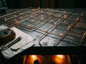 Kupferdraht-Netzwerk auf Stahl-Werkbank mit leuchtenden Knotenpunkten, Multimeter und Schaltplänen im Hintergrund.