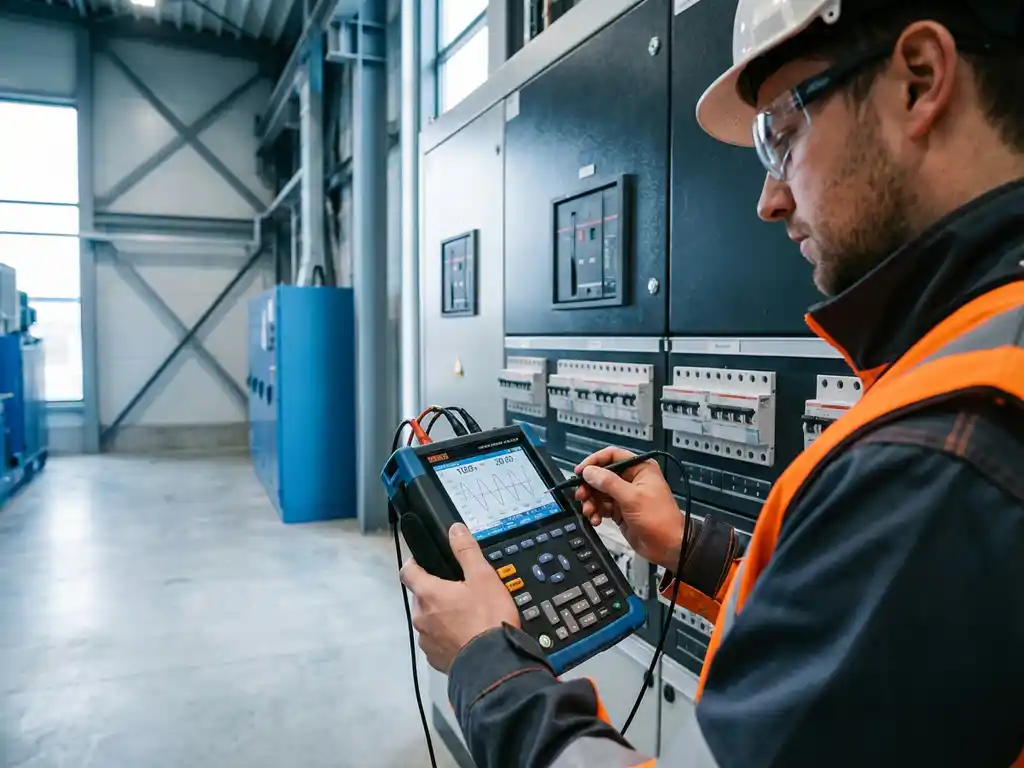 Elektroingenieur in Schutzausrüstung misst mit digitalem Netzqualitätsanalysator Spannungswerte an industrieller Schalttafel