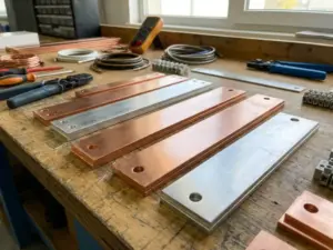 Kupfer- und Aluminium-Sammelschienen auf Werkbank mit Montagelöchern und Elektrowerkzeugen in Industriewerkstatt