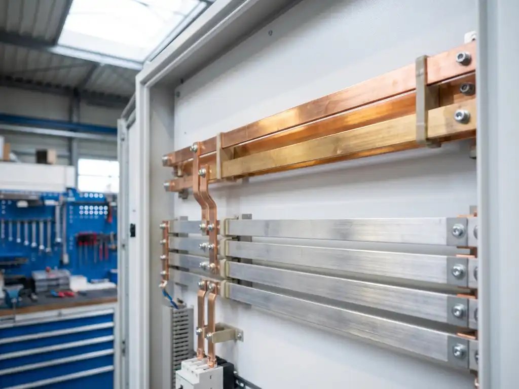 Elektrische Schalttafel mit glänzenden Kupfer-DC-Sammelschienen und silbernen AC-Leitern in weißem Industrieschrank