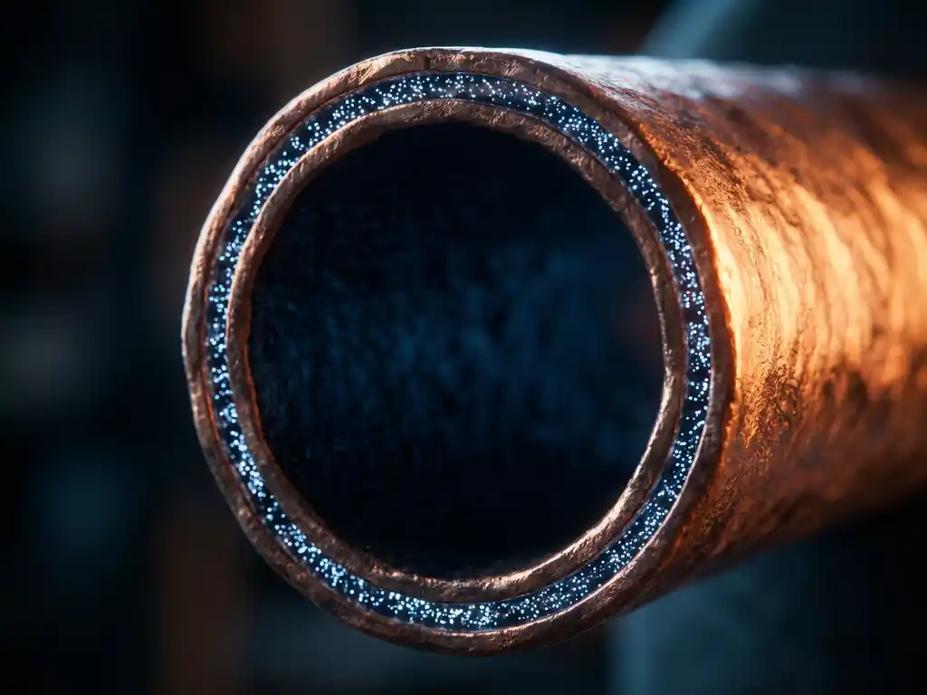 Kupferleiter-Querschnitt mit Stromdichte-Konzentration an der Außenfläche, ungenutzer dunkler Kern im Inneren