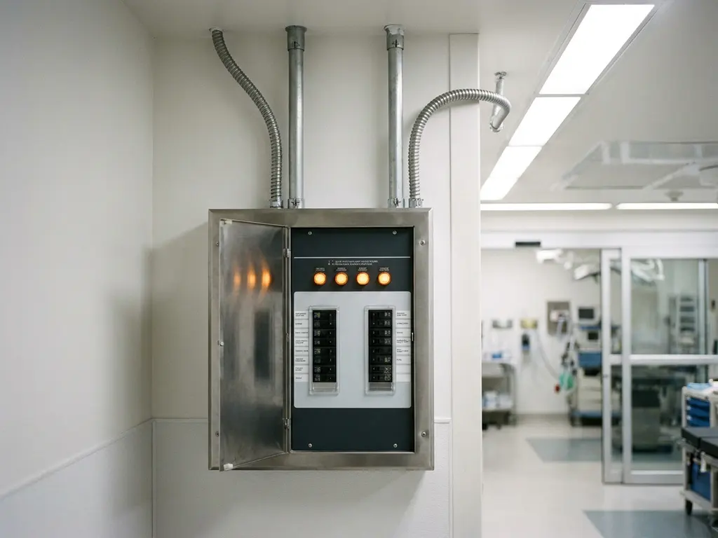 Elektrischer Verteilerkasten mit redundanter Stromversorgung im Krankenhausflur, Edelstahlrohre, bernsteinfarbene Kontrollleuchten.