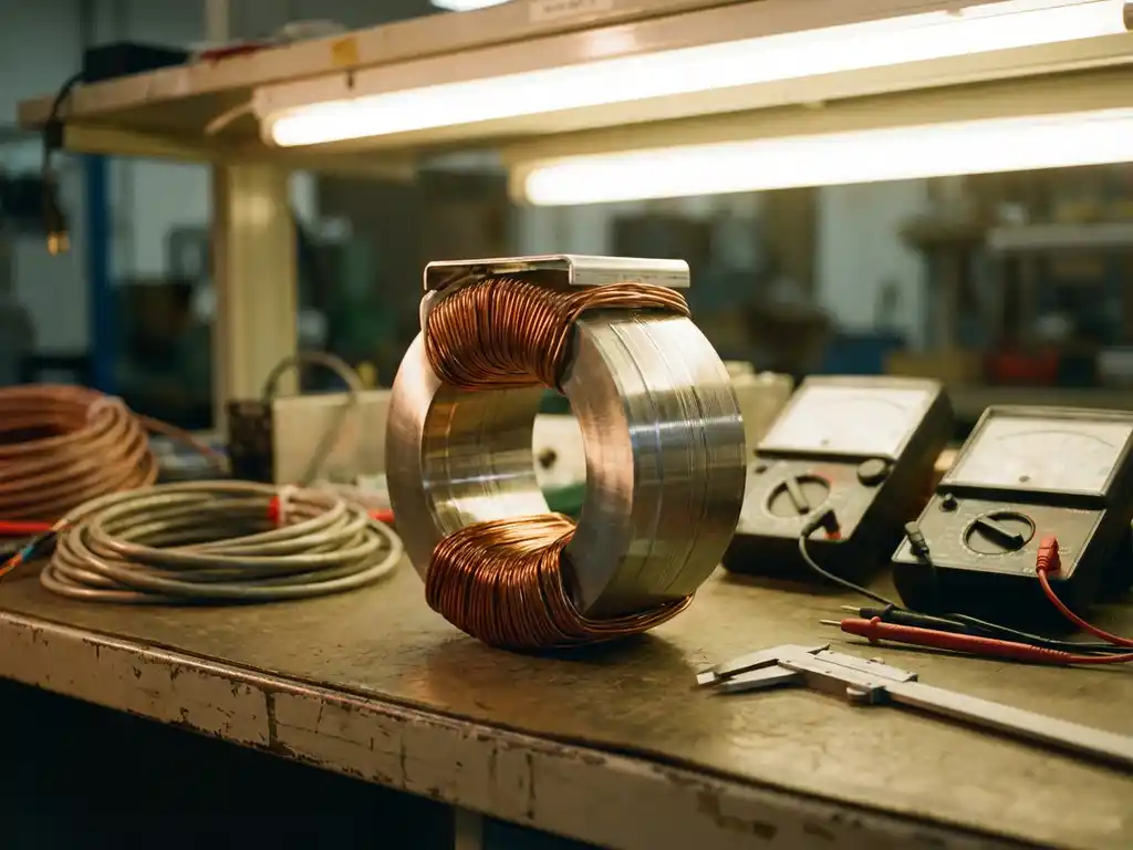 Präzisions-Stromwandler mit glänzenden Kupferwicklungen auf industrieller Werkbank, umgeben von Messkabeln und -instrumenten