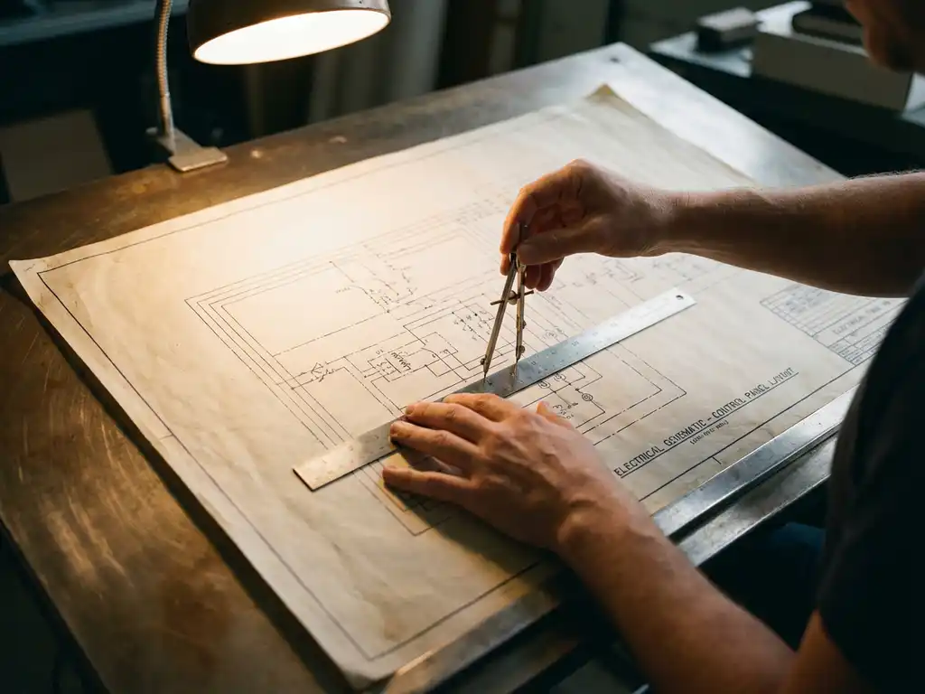 Technische Blaupausen mit elektrischen Schaltplänen auf Metalltisch, Zirkel und Lineal, Hände beim präzisen Vermessen
