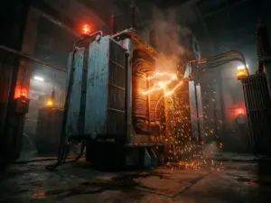 Großer Industrietransformator mit sichtbaren Kupferwicklungen und gefährlichen Lichtbögen in einem Umspannwerk
