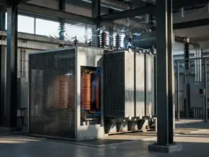 Industrieller Transformator mit sichtbaren Kupferspulen in moderner Umspannanlage, dramatische Seitenbeleuchtung
