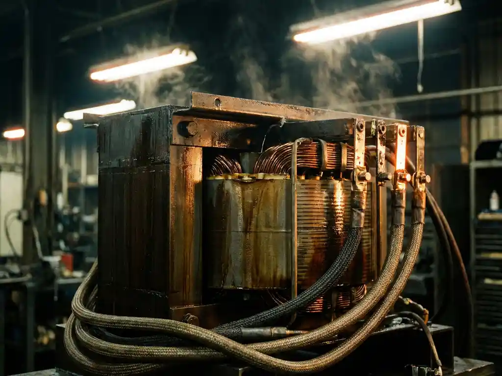 Industrietransformator mit freiliegenden Kupferwicklungen, schweren Kabeln und Wärmeschleier über dem Kern in einer Werkstatt.
