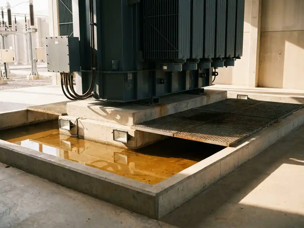 Industrietransformator mit Ölauffangwanne aus Beton in einer Elektroumspannstation, dramatische Seitenbeleuchtung betont Stahlgehäuse und Abdichtung.