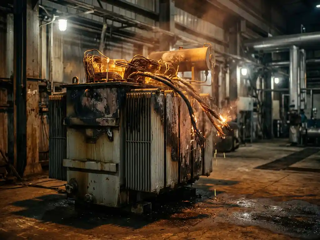 Beschädigter Transformator mit Brandspuren und korrodierten Metallteilen in Industrieanlage, orange Funken sprühen