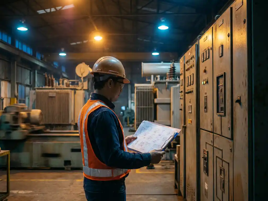 Ingenieur prüft technische Schaltpläne neben Schaltschränken in einer Industrieanlage mit warmem Umgebungslicht.