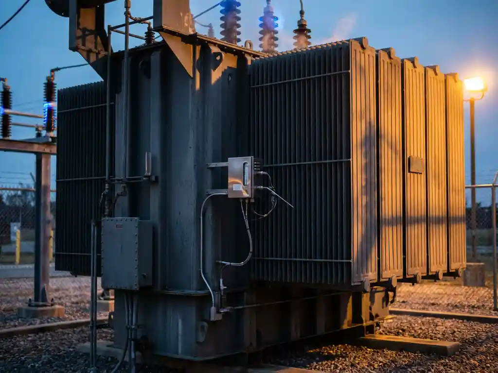 Industrietransformator in einer Umspannstation mit Thermometersonde an den Kühlrippen, dramatisches Seitenlicht, Hitzeschimmer sichtbar.
