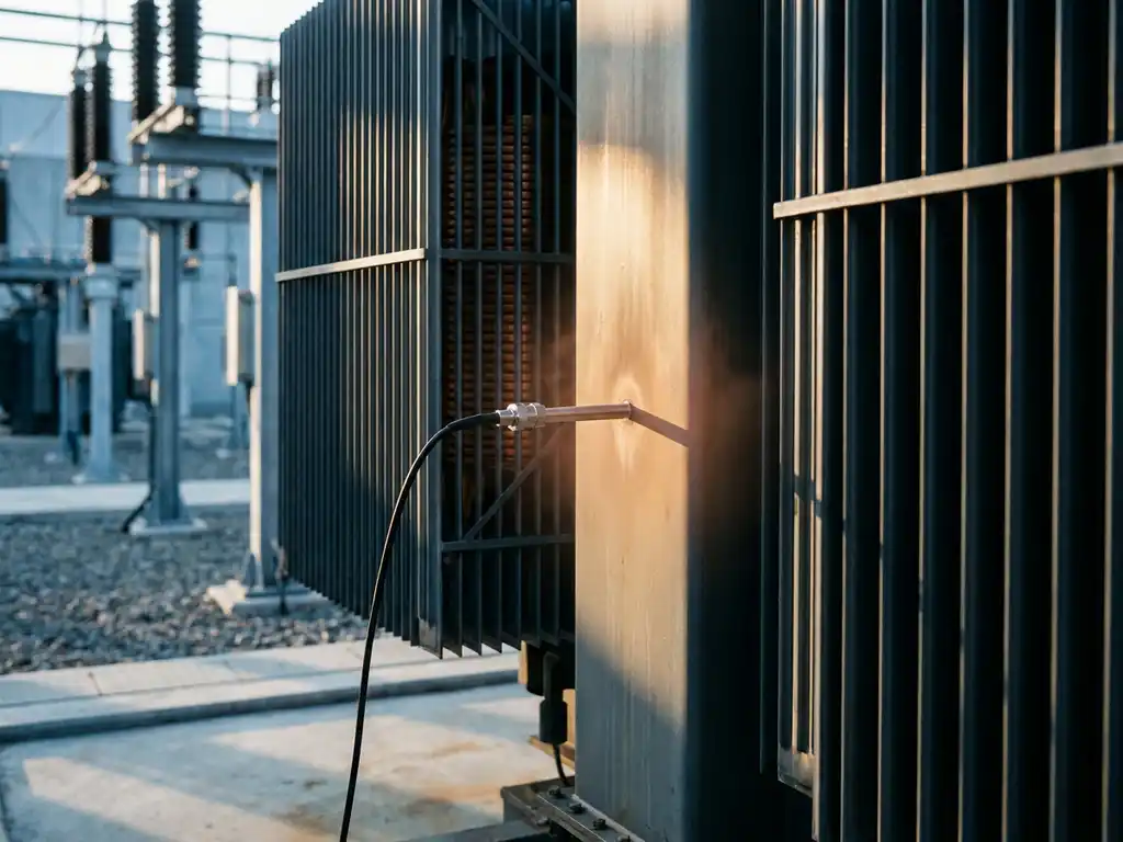 Industrietransformator mit Kühlrippen und Kupferwicklungen, Temperatursensor am Gehäuse, dramatische Seitenbeleuchtung in einer Schaltanlage.