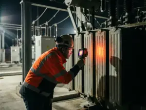 Elektroingenieur mit Wärmebildkamera untersucht industriellen Transformator in Umspannwerk, zeigt Wärmemuster in Orange und Rot