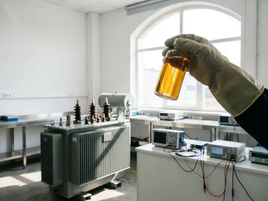Glasfläschchen mit goldgelbem Transformatoröl in behandschuhter Hand vor industriellem Transformator mit Kühlrippen