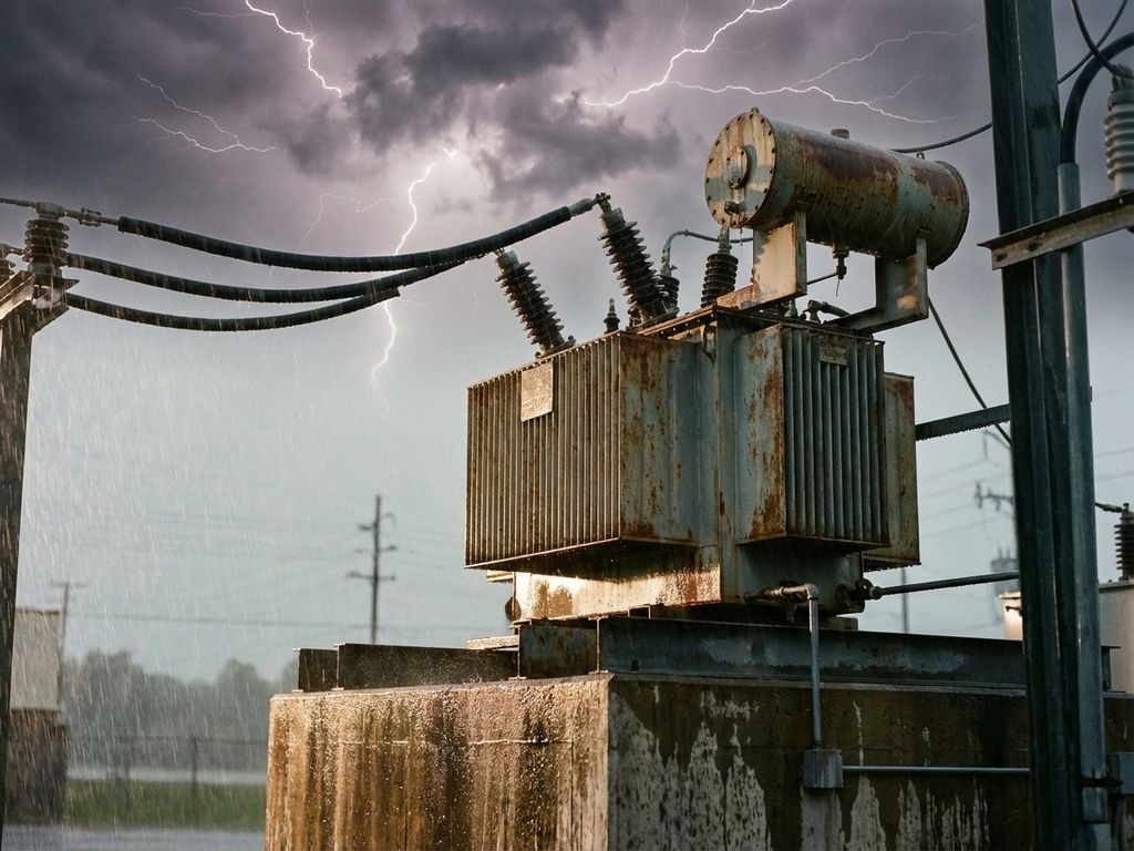 Elektrischer Transformator mit regennasser Metallverkleidung bei dramatischem Sturm mit Blitzen und dunklen Wolken