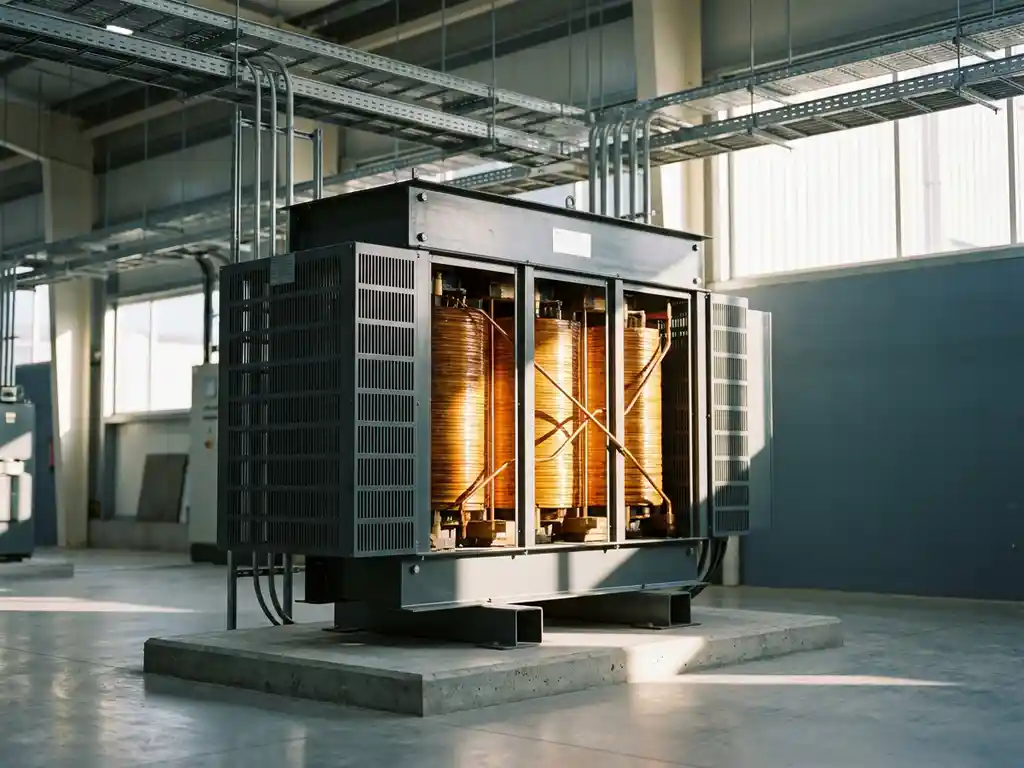 Trockentransformator mit Kupferwicklungen auf Betonsockel in Industriegebäude, umgeben von Kabeltrassen und Stahlrohren.