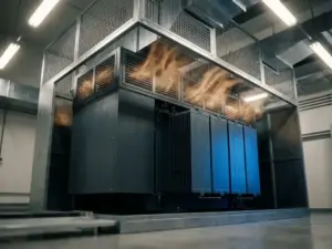 Trockentransformator in einem Industriegebäude mit sichtbarer Wärmeableitung durch Lüftungsschlitze und Metallgitter.